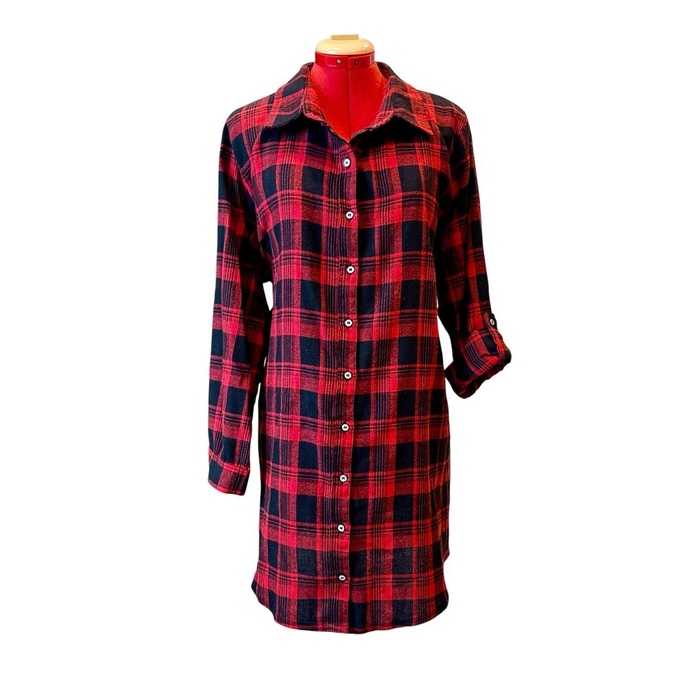 Coco + Carmen XXL Red Black Buffalo Plaid Flannel Shirt Dress Pockets Roll Tab